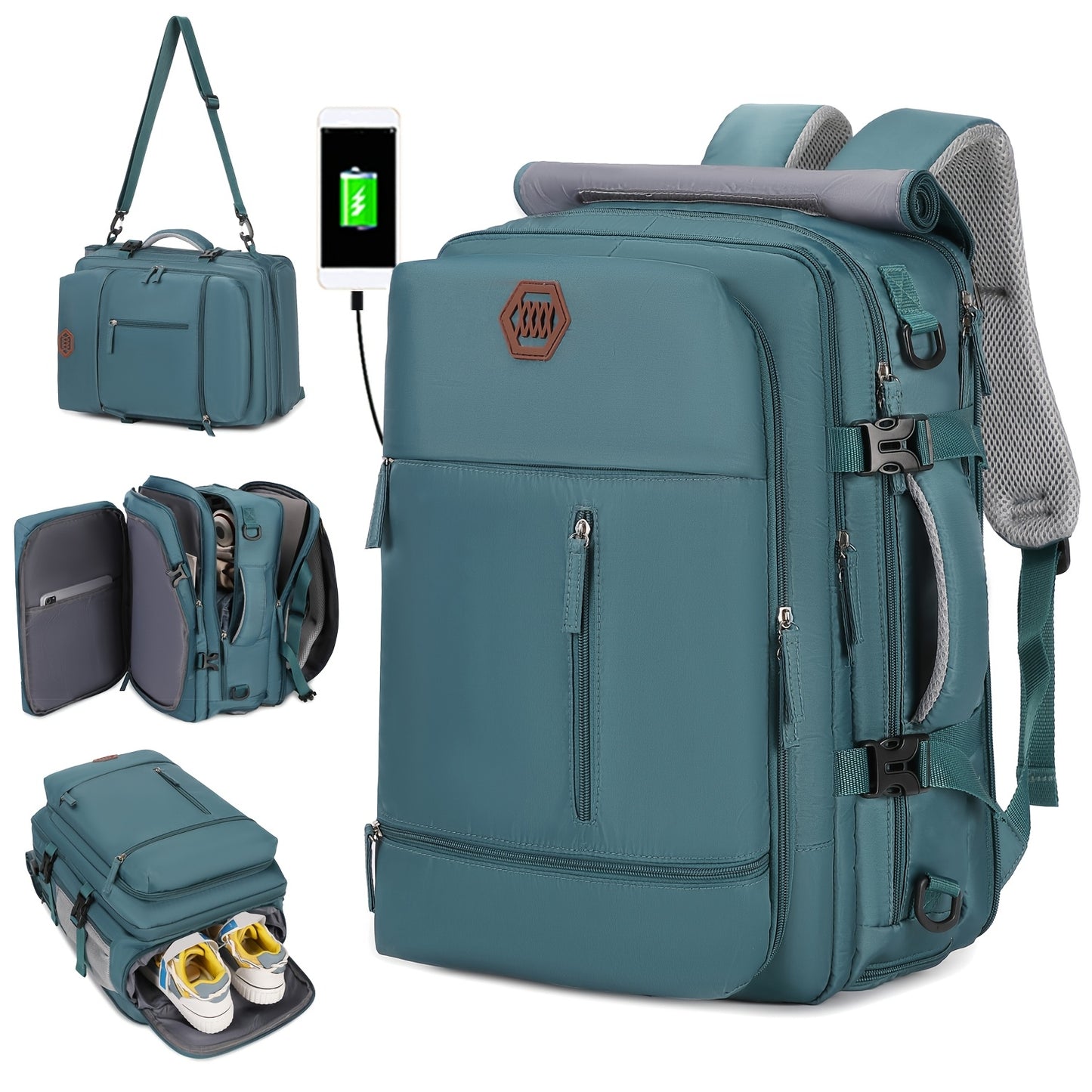 Large, durable backpack with shoe compartment, USB port, and 17-inch laptop compartment, ideal for college or business use.