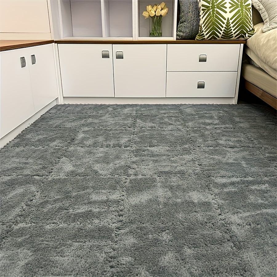 Machine made polyester & EVA square carpet tiles set, hand washable. Soft and anti-fall interlocking floor mat, 29.97x29.97 cm each.