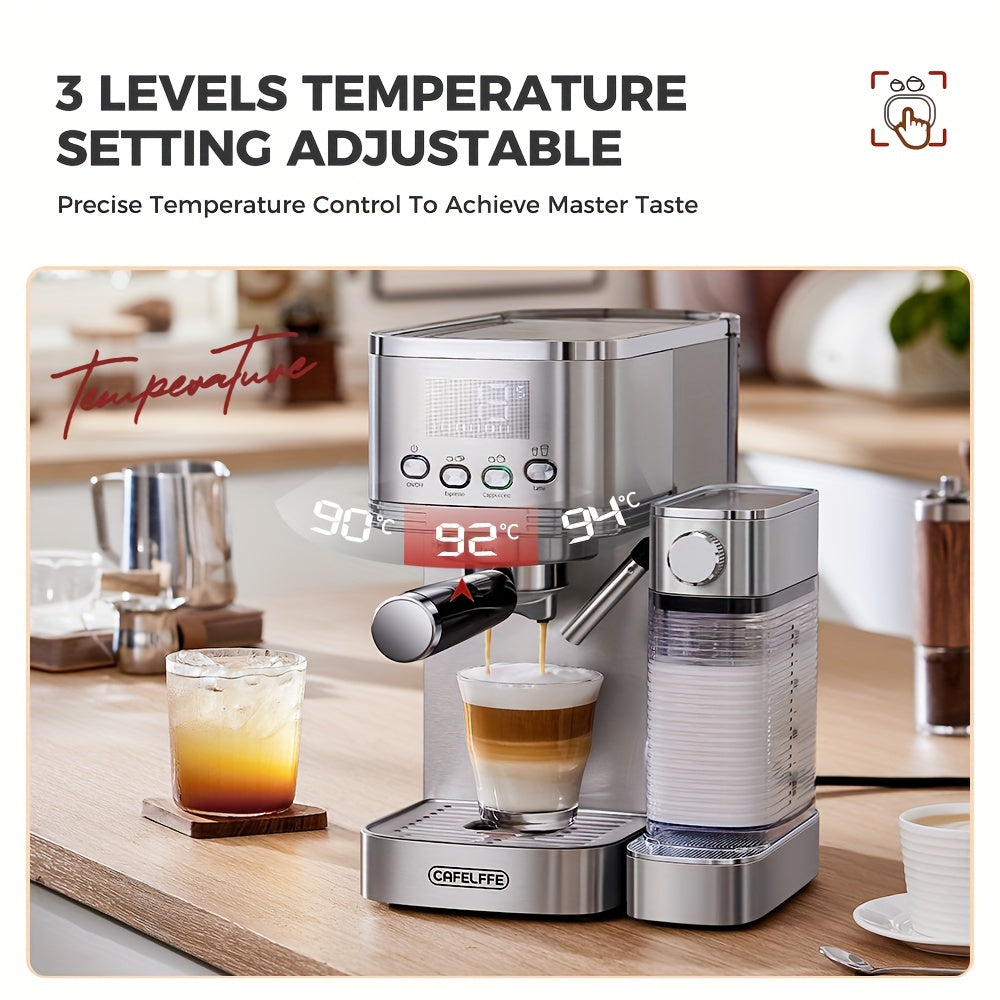 CAFELFFE Espresso Machine with Automatic Milk Frother, 20 Bar, one-touch cappuccino, latte, and espresso, featuring Double Boilers, Self Cleaning, 1.3 Litre Removable Tank, Stainless Steel.