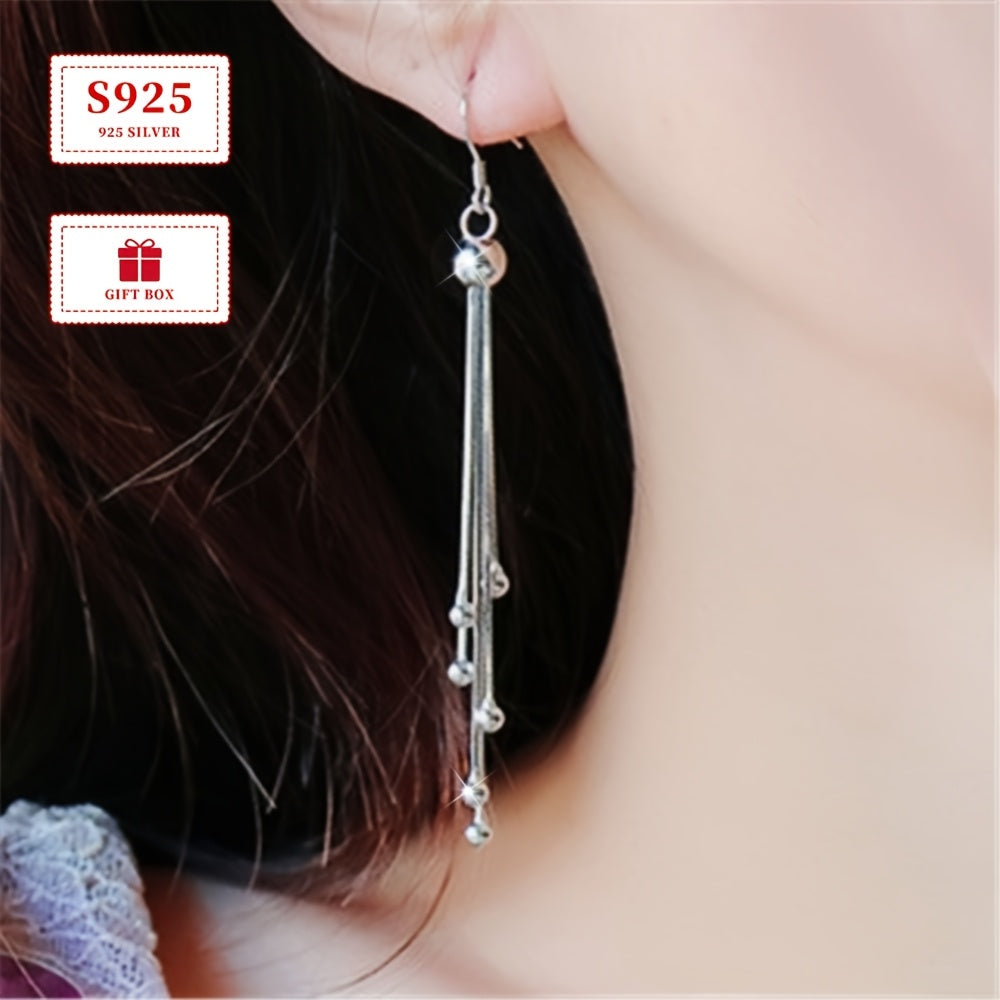 Pair of Elegant 925 Sterling Silver Tassel Earrings with Vintage-Inspired Long Bead Dangle Design, Perfect for Daily Wear and Parties, Lightweight 6g, Stylish Hook Earrings for Women