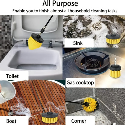 The Power Scrubber Brush Set includes 39 pieces and can be used both cordless and manually. This versatile cleaning kit is perfect for multiple surfaces such as bathroom, toilet, kitchen, car, and floors. It does not require electricity and comes with