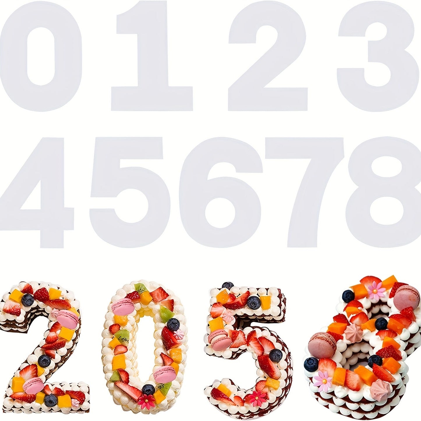 Set of 9 Number Cake Stencils, Flat Plastic Templates for Cutting Numbers 0-8, Ideal for DIY Cakes and Cookies, Available in 20.32cm, 25.4cm, and 30.48cm sizes.