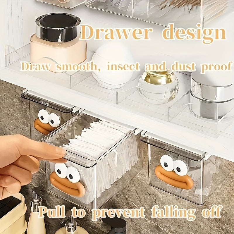 Multi-purpose under-mirror organizer with adhesive backing for bathroom and kitchen essentials. Water-resistant and easy to install, perfect for storing makeup pads and small items.