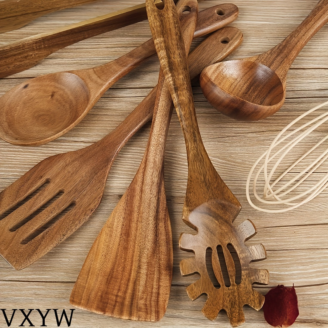 Set of 7 wooden utensils for cooking, including spoons and spatulas. This safety non-stick cookware set is an essential addition to your kitchen gadgets and accessories.