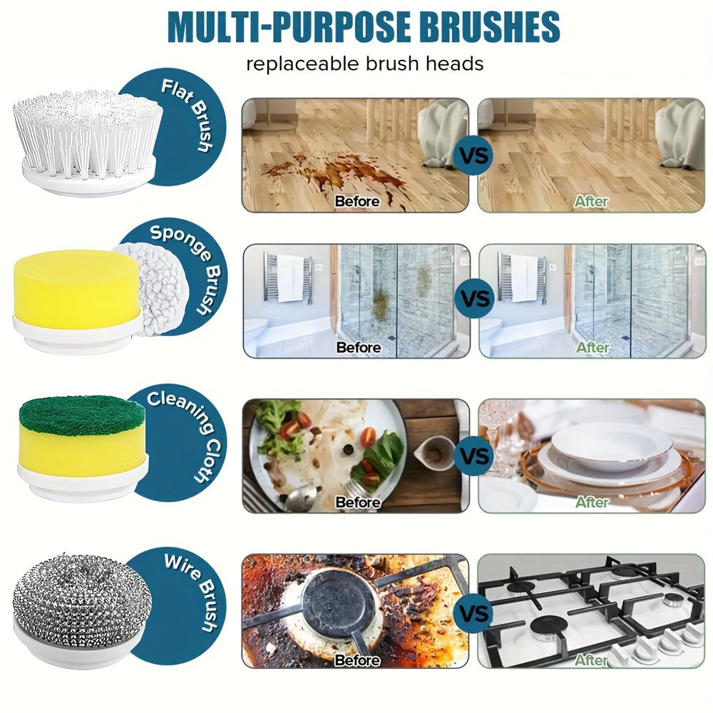 A collection of electric rotating scrubbers that includes 5 interchangeable brush heads, a cordless electric cleaning brush, and a handheld rechargeable shower scrubber. Ideal for use in bathrooms, kitchens, bathtubs, tiles, showers, and various cleaning