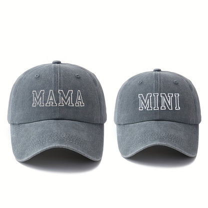 Set of 2 stylish baseball caps with high-quality embroidered letters "MAMA" and "MINI", curved brim design for outdoor activities, sun protection, and lightweight hip-hop style.