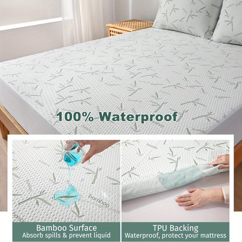 1-piece 100% Bamboo Fiber Waterproof Mattress Protector (250gsm), Knitted Mattress Pad Cover with Cooling and Breathable Technology, 3D Air Bed Cover for a Comfortable and Restful Sleep