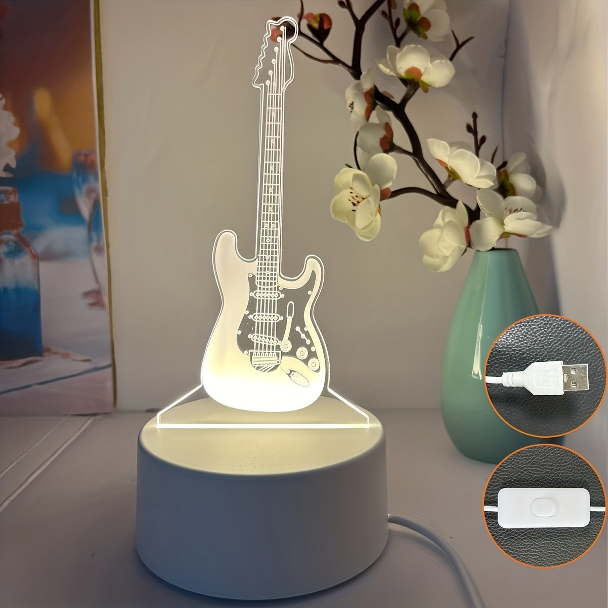 3D Guitar night light with warm white base, perfect gift for friends or room decoration.