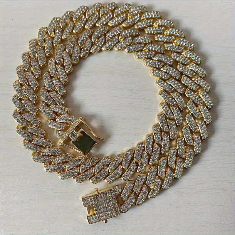 Hip hop jewelry gift: Cuban link chain necklace iced out with rhinestones for men and women