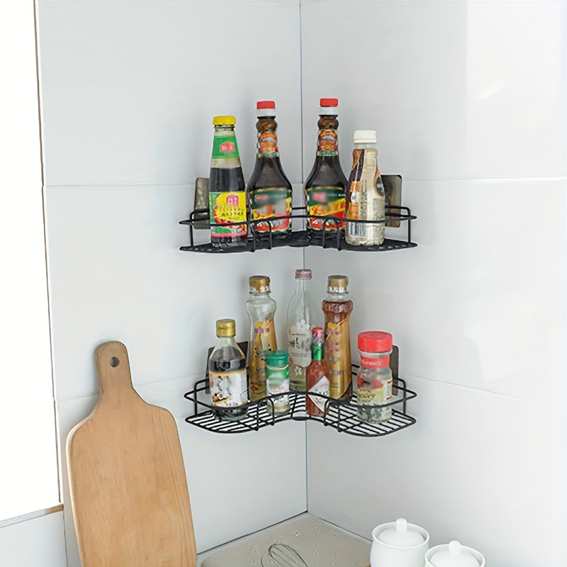 1 shower corner, kitchen shelf, bathroom shelf, triangular storage rack, and wall-mounted storage rack in the bathroom that is punch-free.