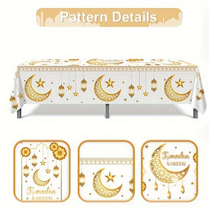 1pc Ramadan Kareem Tablecloth made of polyester, featuring Islamic moon and stars design, perfect for Eid Al-Fitr celebrations and home decor.