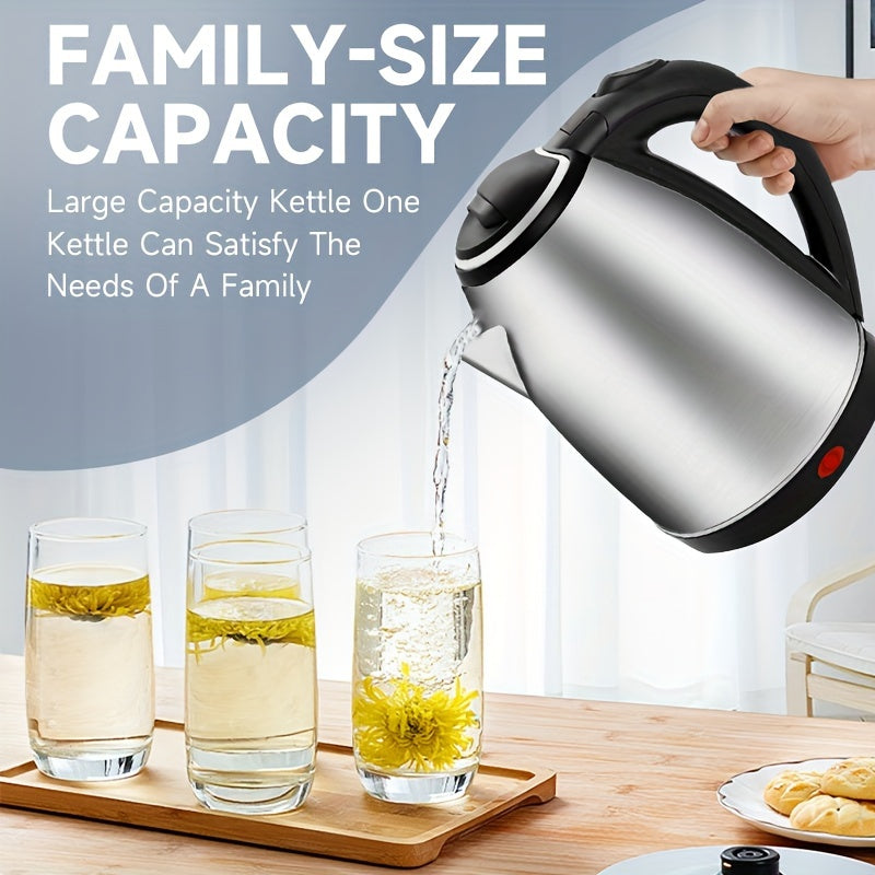 The PANCERKA Electric Kettle 1.8L is a powerful 1500W tea boiler that rapidly heats water using stainless steel construction. Designed with a cool touch handle, this kettle includes safety features such as auto shut-off and boil-dry protection. It also