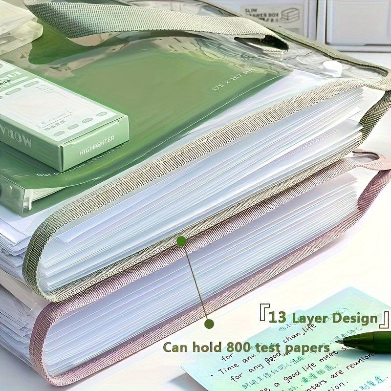 Durable PVC expanding file organizer holds A4 documents, suitable for students, office, and home use. White, waterproof and portable with handheld design. Stylish document bag for organized