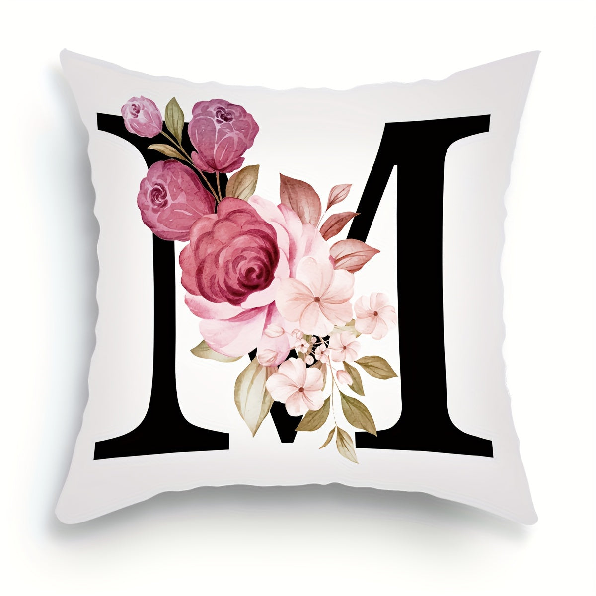 English letter flower print pillowcase for sofa cushions, 45.72cm x 45.72cm.