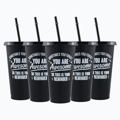 5-Pack of 24oz inspirational tumblers with lids and straws, hand-wash only cups, BPA & PVC free, rectangle sealable mugs for coworkers, teachers, employees.