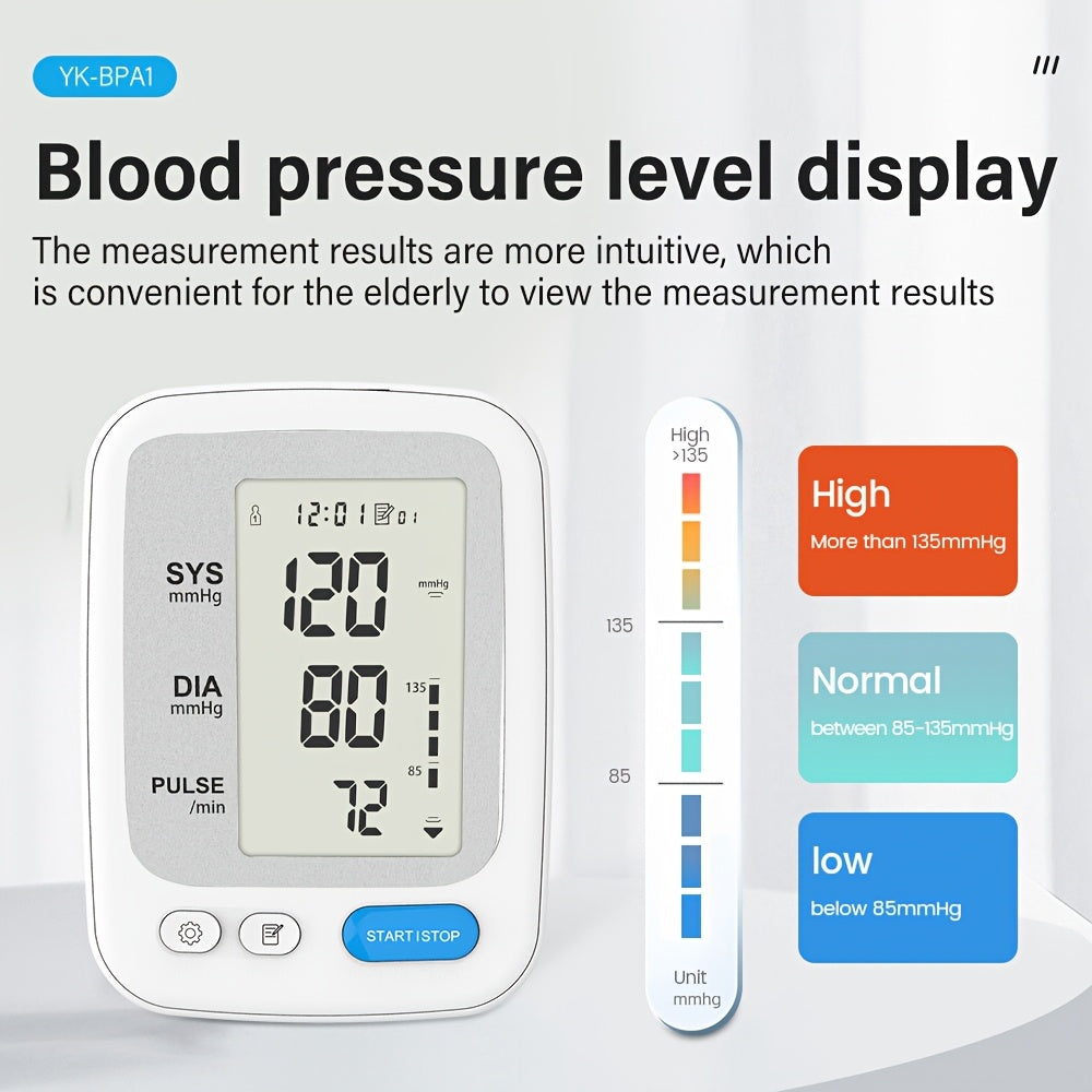 Yongrow Upper Arm Blood Pressure Monitor with LCD screen, portable design, white color, and adjustable cuff length. Suitable for adults.