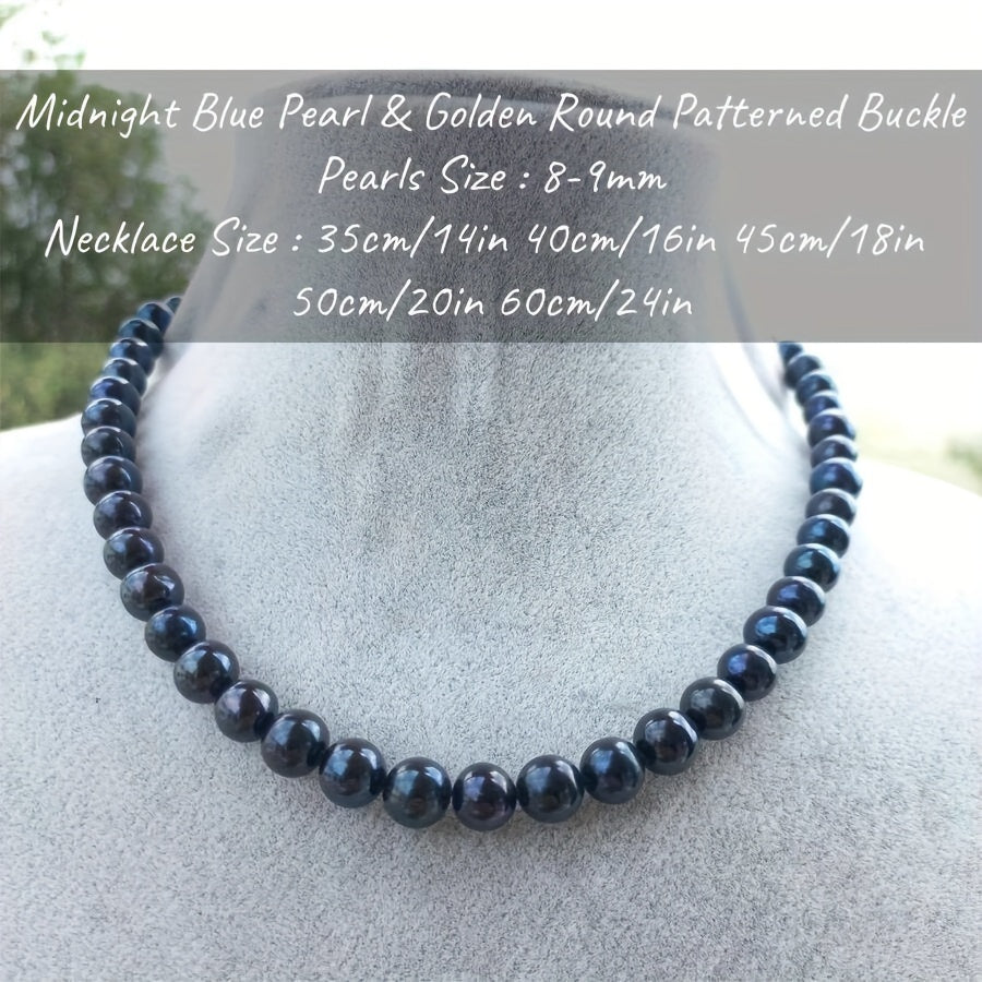 Deluxe Midnight Blue Freshwater Pearl Necklace, featuring 8-9mm Natural Pearls and a Silvery Flower Clasp. June Birthstone, suitable for both Daily Wear and Special Occasions. Comes in a Gift Box, making it a perfect Valentine's Day gift for Him or Her.