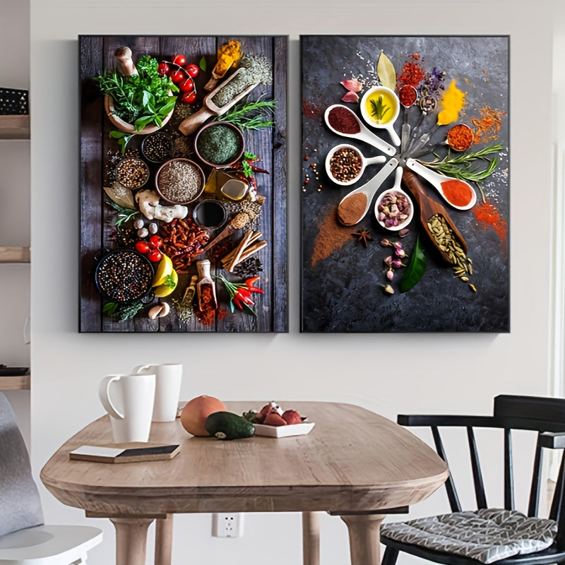 Spice & Vanilla Kitchen Wall Art Set, 2 pieces, frameless canvas prints, 39.88x59.94cm. Ideal for dining room decor.