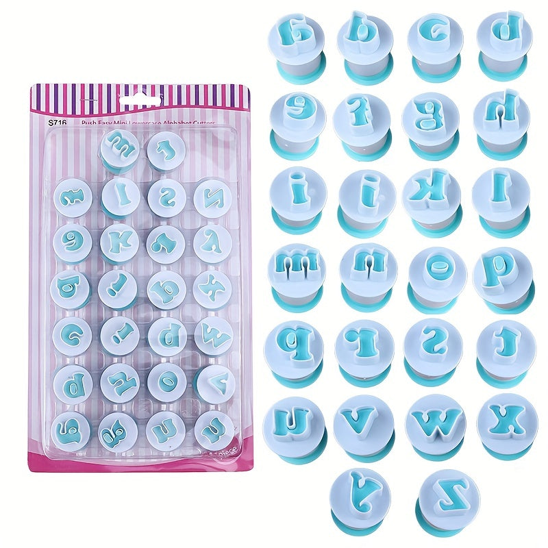 Set of 26 baking pastry molds including uppercase and lowercase alphabet letters, numbers, and cookie fondant cutters. Perfect for creating baked goods and decorating cakes and cupcakes.