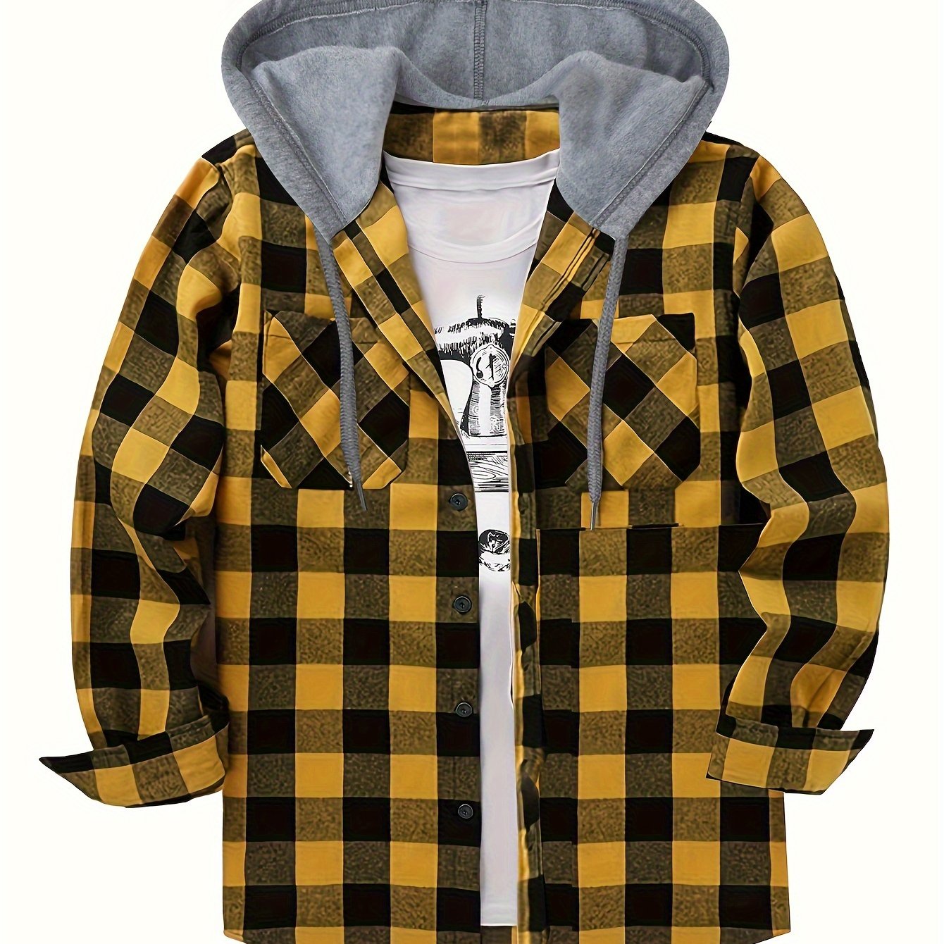 Men's plaid hooded shirt jacket with long sleeves and a regular fit.