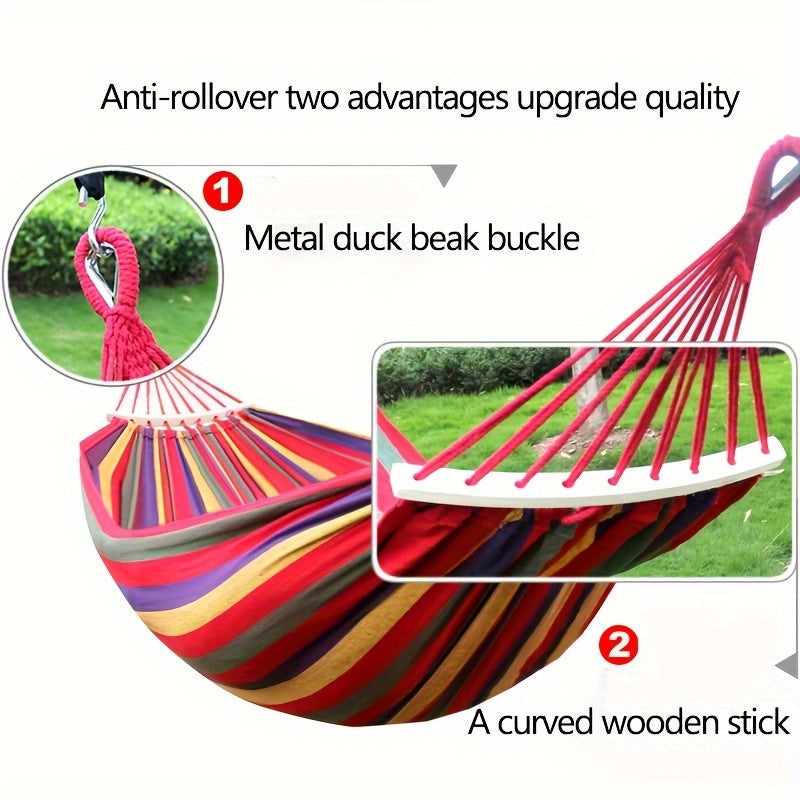 Heavy-duty rainbow canvas hammock for single or double with curved wooden sticks and a weight capacity of 226.8 KG. Includes tree straps for camping, backyard, or patio. High-strength