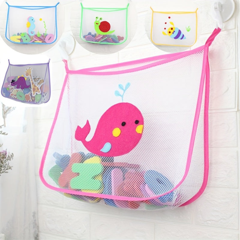 Bathroom toy organizer with cartoon design, large capacity, mesh storage bag, 2 hooks, wall-mountable for glass and tile surfaces.