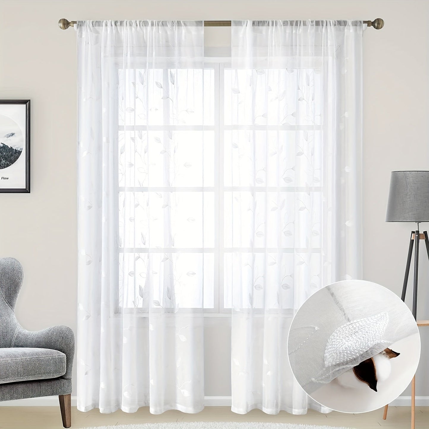 Two pieces of garden-style sheer curtains with an embroidered leaf pattern, featuring a rod pocket design. Made of polyester, these drapes are perfect for bedrooms, living rooms, and kitchens. They are machine washable and suitable for all seasons