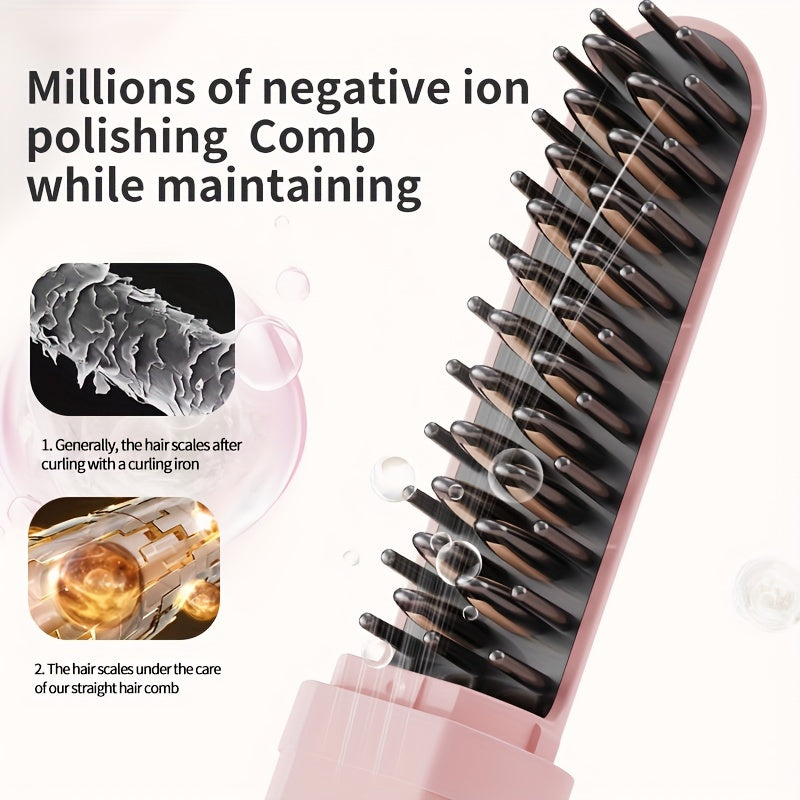 Portable wireless hair straightening brush with USB rechargeable lithium battery, anti-scald technology, wet/dry use, and negative ion feature - perfect for home, travel, and outdoor use.