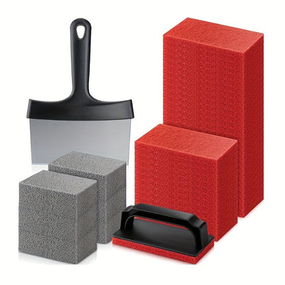 The heavy-duty Grille Cleaning Kit includes 6 Grille Stones, 40 Grille Brushes, Cleaning Pads with Handles, and a Grille Scraper for easy removal of stains on grills.