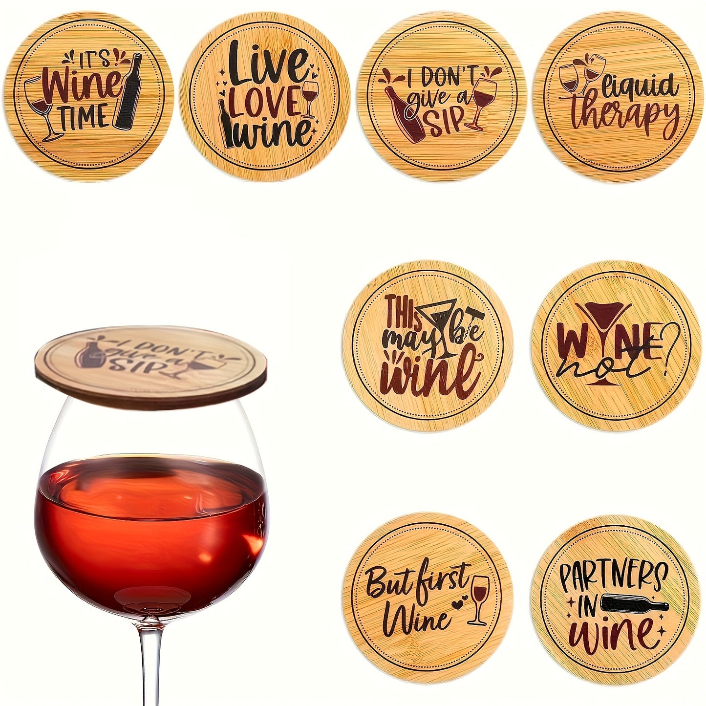 Set of 8 bamboo wine glass covers for bug protection and fun party accessories. No electricity needed. Perfect for housewarming gifts.