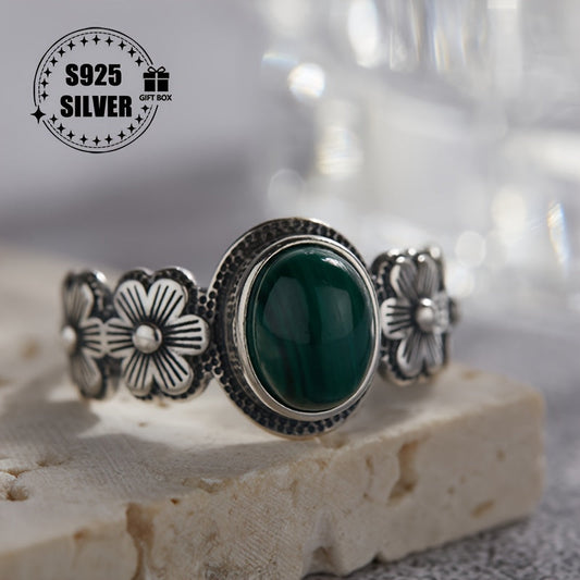 Stylish 925 Sterling Silver Ring with Natural Malachite, Adjustable Size - Vintage-Inspired Design, Ideal for Everyday Wear and Gifting