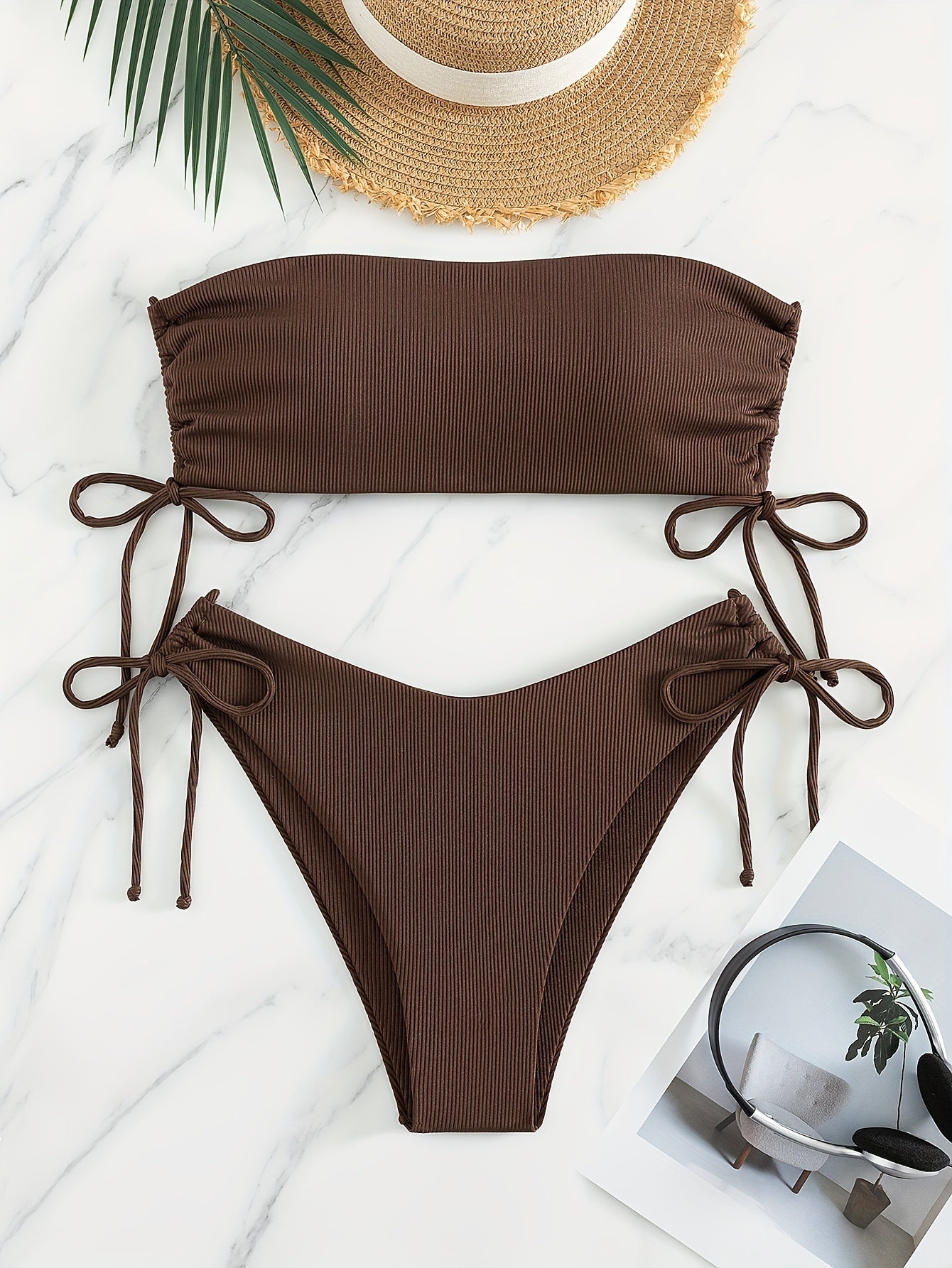 Basic ribbed bikini set with drawstring side tie top and bottom.