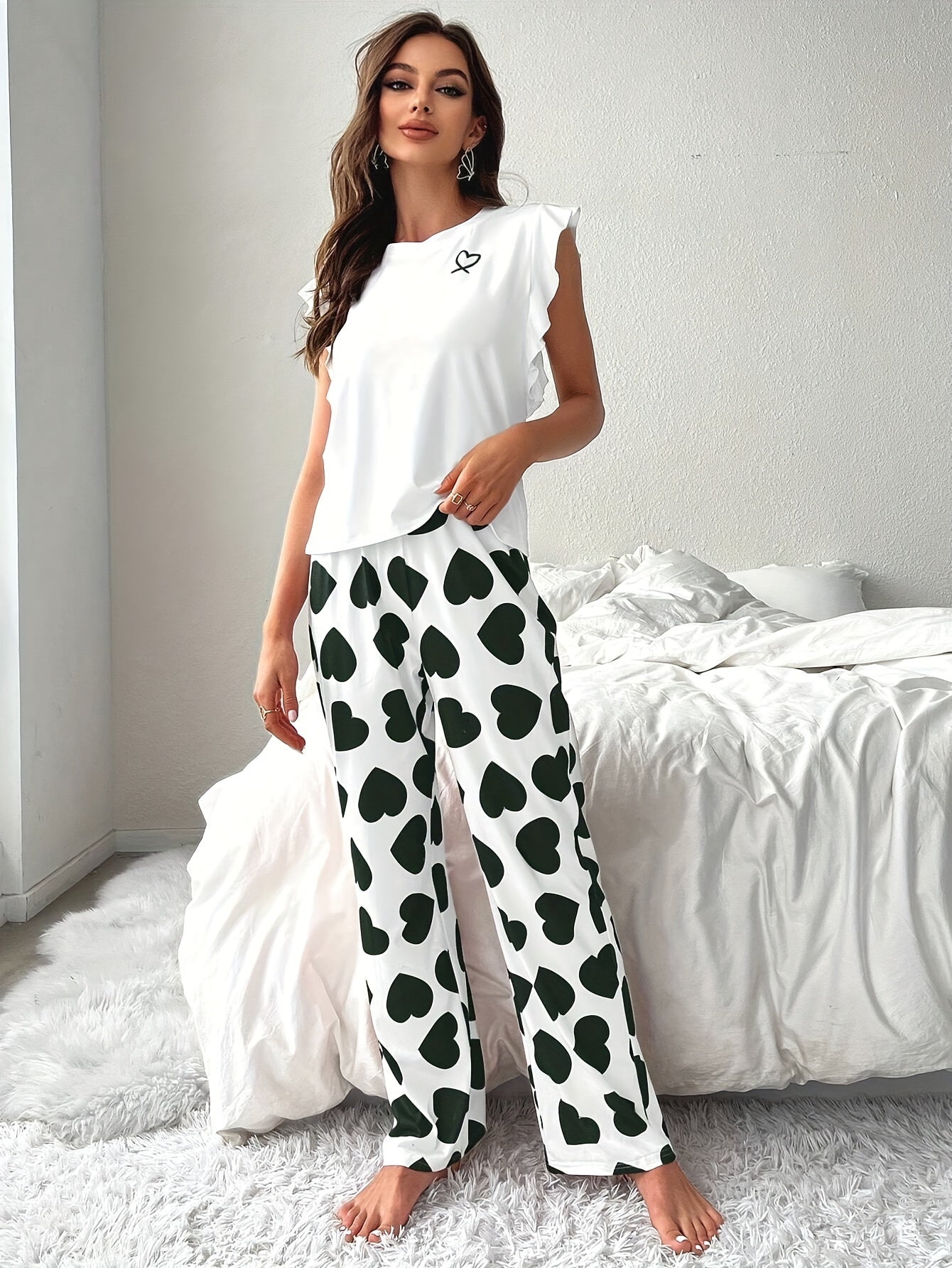 Ruffled sleeve top and elastic pants lounge set for women.