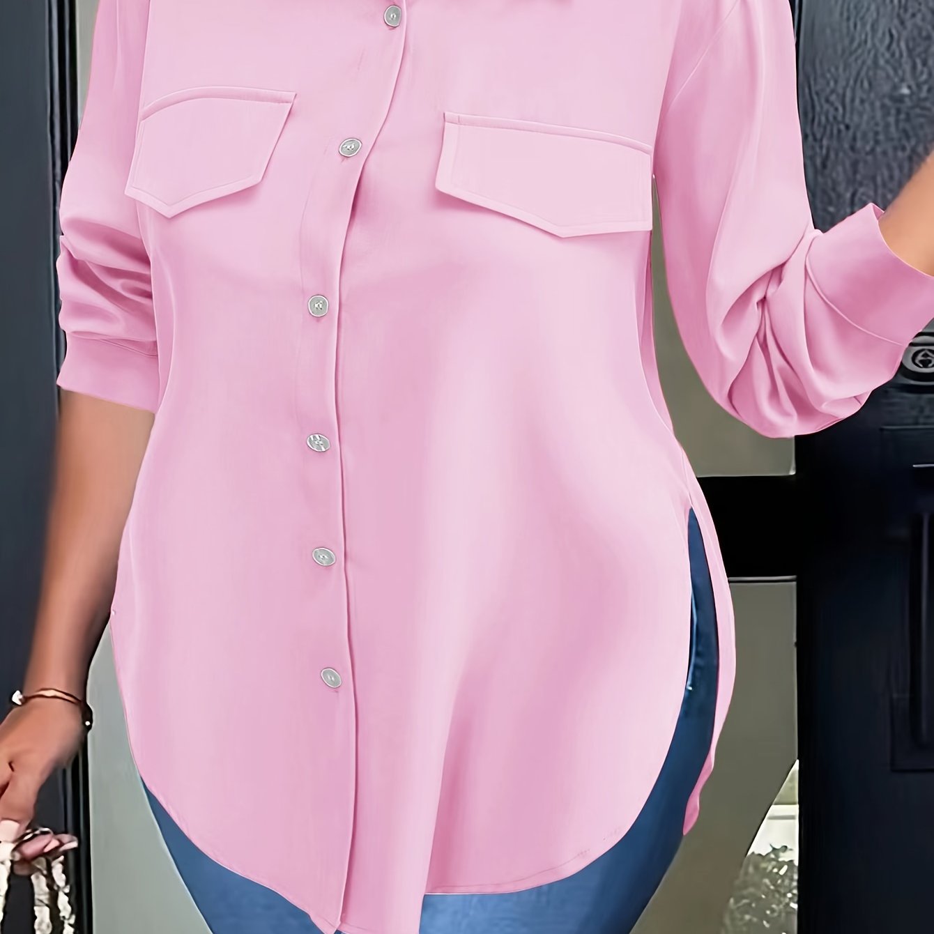 Curved hem blouse for spring, button front and collared, plus size.