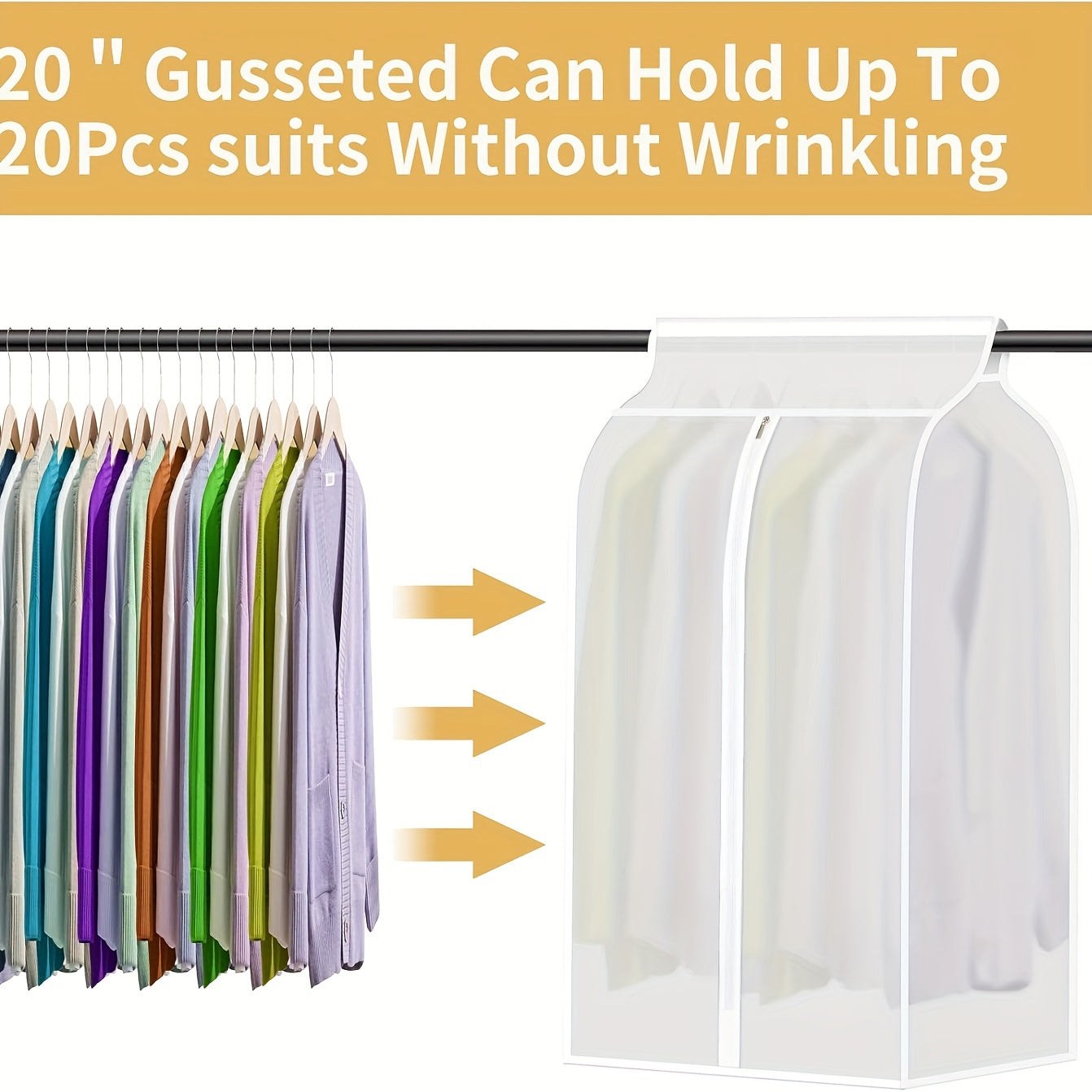 Large capacity translucent garment bag with zipper, designed to protect your suits, jackets, and dresses from dust and water. This space-saving wardrobe organizer features a sealed bottom for efficient clothes storage.