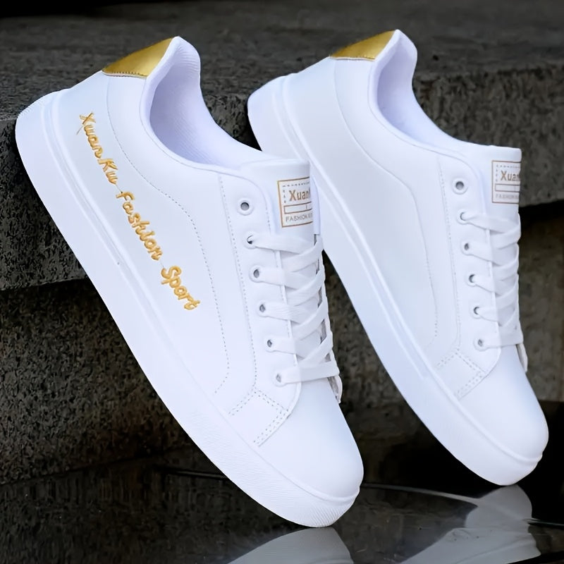 Men's letter print skateboarding shoes with low top lace-up design for casual, sports, and daily wear in all seasons.