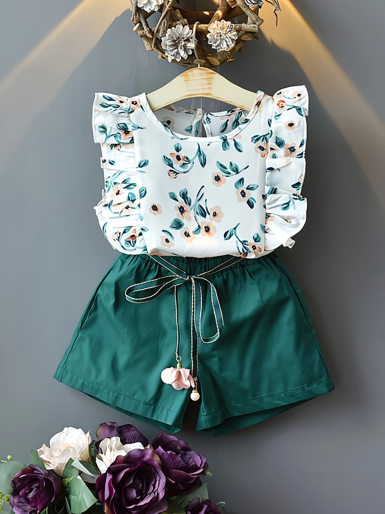 Summer Girls Floral Chiffon Top and Shorts Set with Belt