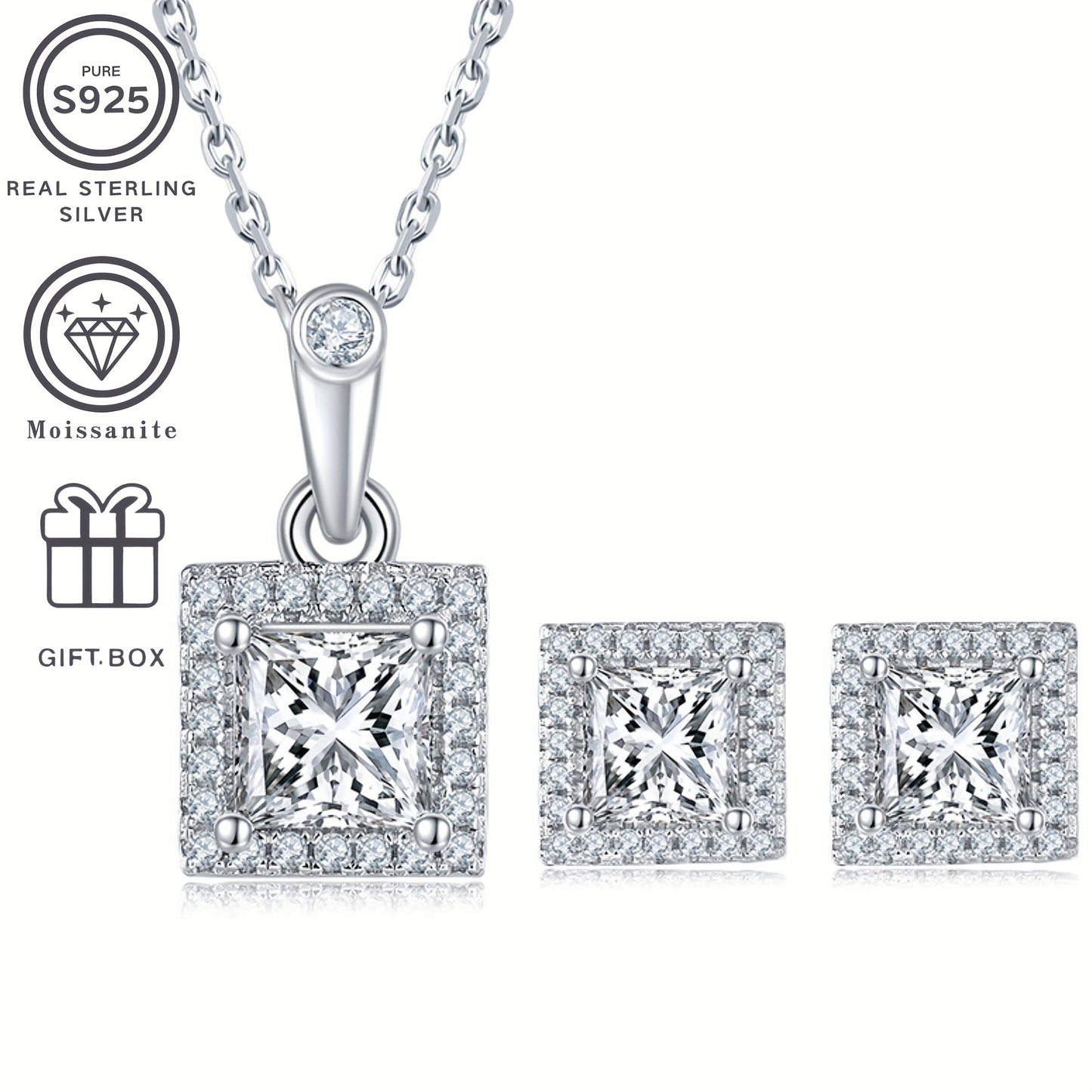 3-piece set of Sterling Silver Moissanite Jewelry, featuring a 1.0ct Center Stone and 0.5ct Stud Earrings. Designed with a sexy street style and elegant classic design, perfect for everyday wear and vacations. Silver plated and ideal for gifting on