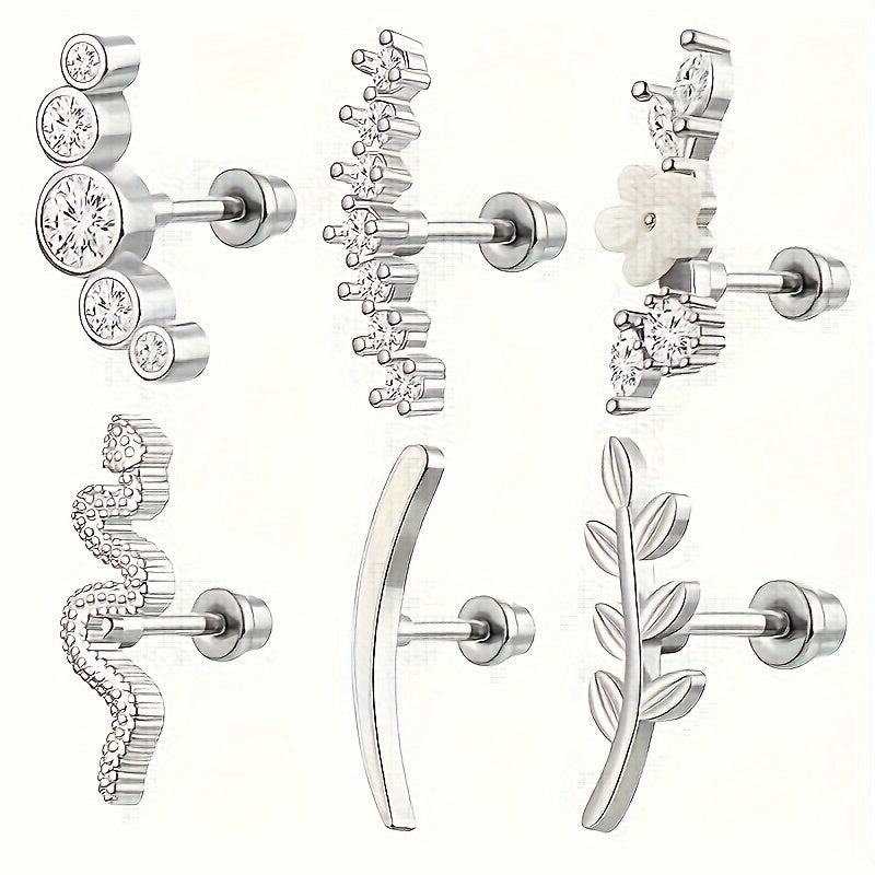 Fashionable women's piercing jewelry featuring 6 hypoallergenic spiral cartilage earrings made of 316L stainless steel, adorned with square crystal zirconia.