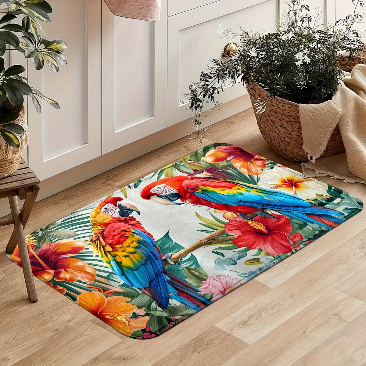 Indoor Entrance Mat for Entryway with Parrot Design, Non-Slip and Machine Washable Polyester - Knitted Fabric, Front Door Mat