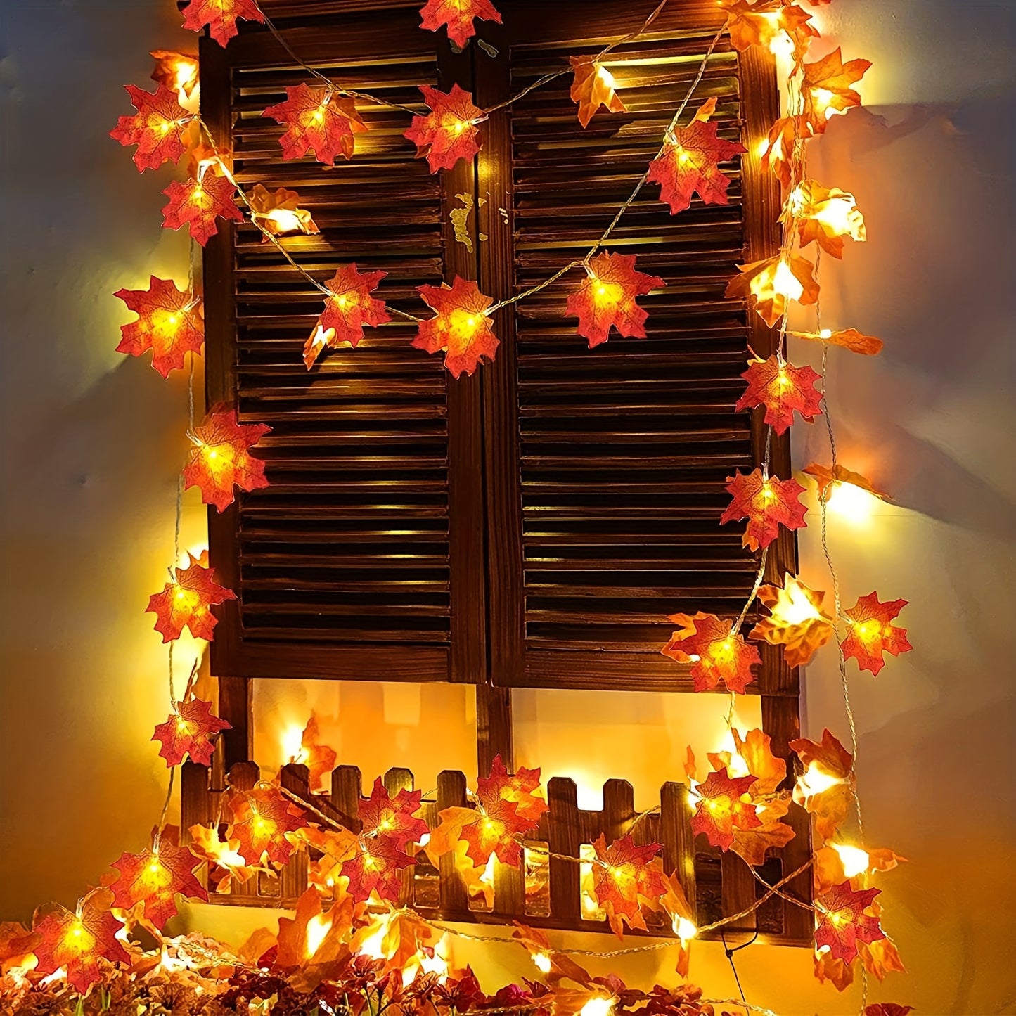 Stargirl rustic autumn maple leaf indoor LED string lights are battery powered for Thanksgiving and Halloween décor, featuring a harvest festival fabric leaf garland. Batteries not included.