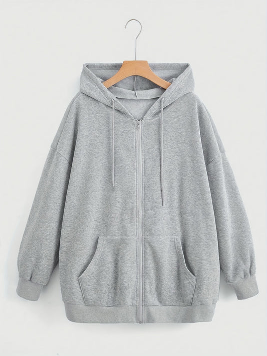 Plus Size Casual Hoodie made of 100% polyester knit fabric, with long sleeves and a solid color. It features drop shoulders, a drawstring, zipper closure, slight stretch, and is suitable