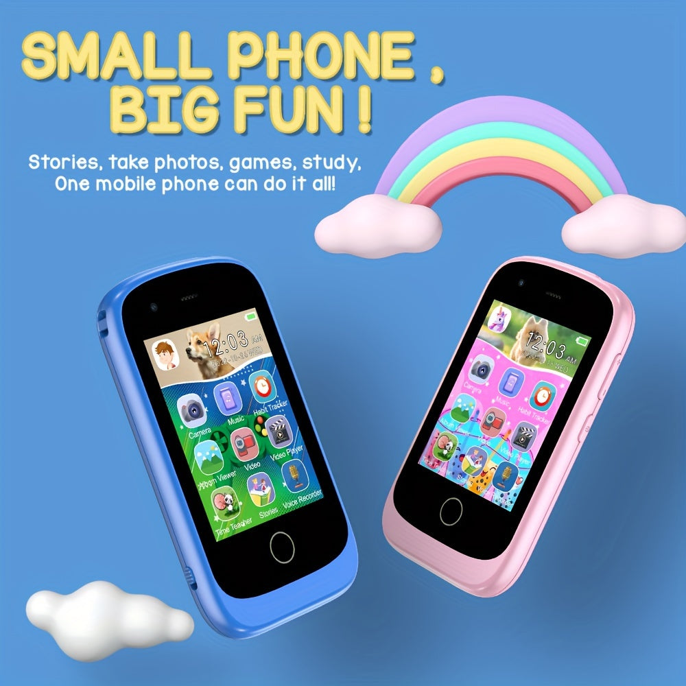 Kids Smart Phone Toy with 2.8-inch HD screen, puzzle games, storybooks, video recording, music player, camera, painting, flashlight, alarm clock, USB charging, rechargeable battery, PC