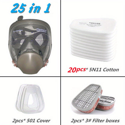 6800 Full Face Chemical Respirator Gas Mask with a 1 facepiece for painting, spraying, and chemical safety work, providing formaldehyde protection in sizes ranging from 7.62 to 68.58 cm.