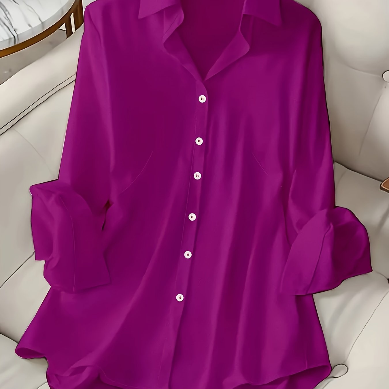 Women's Plus Size Elegant Button-Up Shirt in Solid Purple, Satin-Like Polyester Blend, Flowing Design, Machine Washable, Ideal for Casual Outings