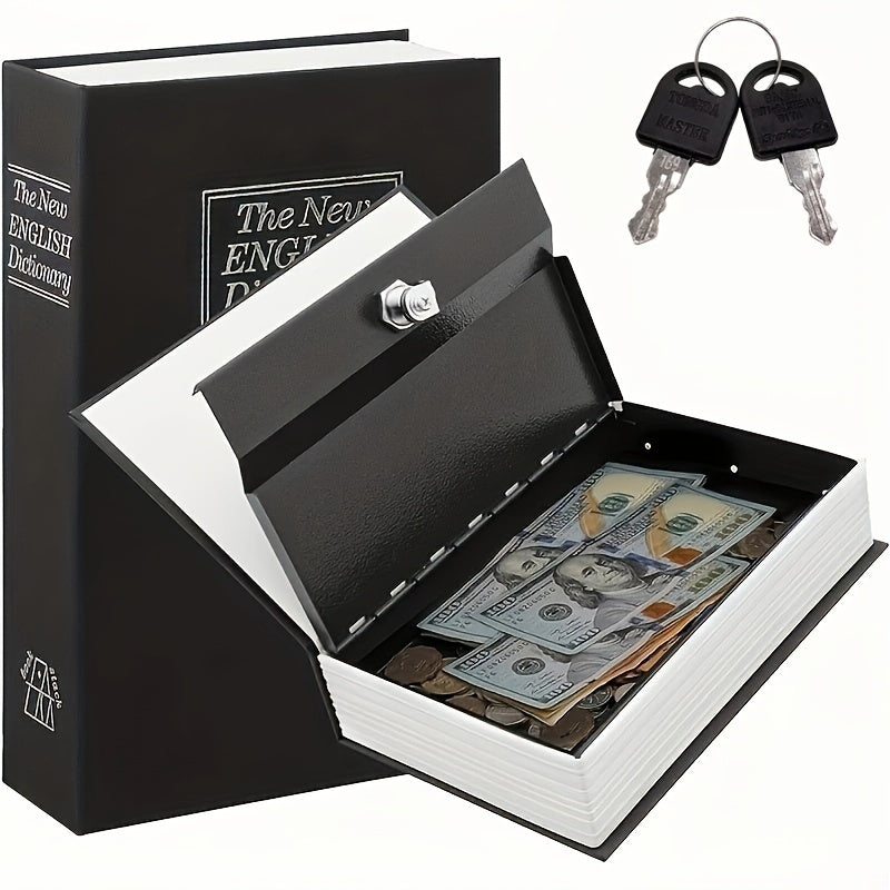 1pc Book-Style Safe Box with Keys, Hidden Compartment for Cash, Jewelry & Valuables, 18.49x11.99x5.49cm, Durable Iron Construction, Black & White