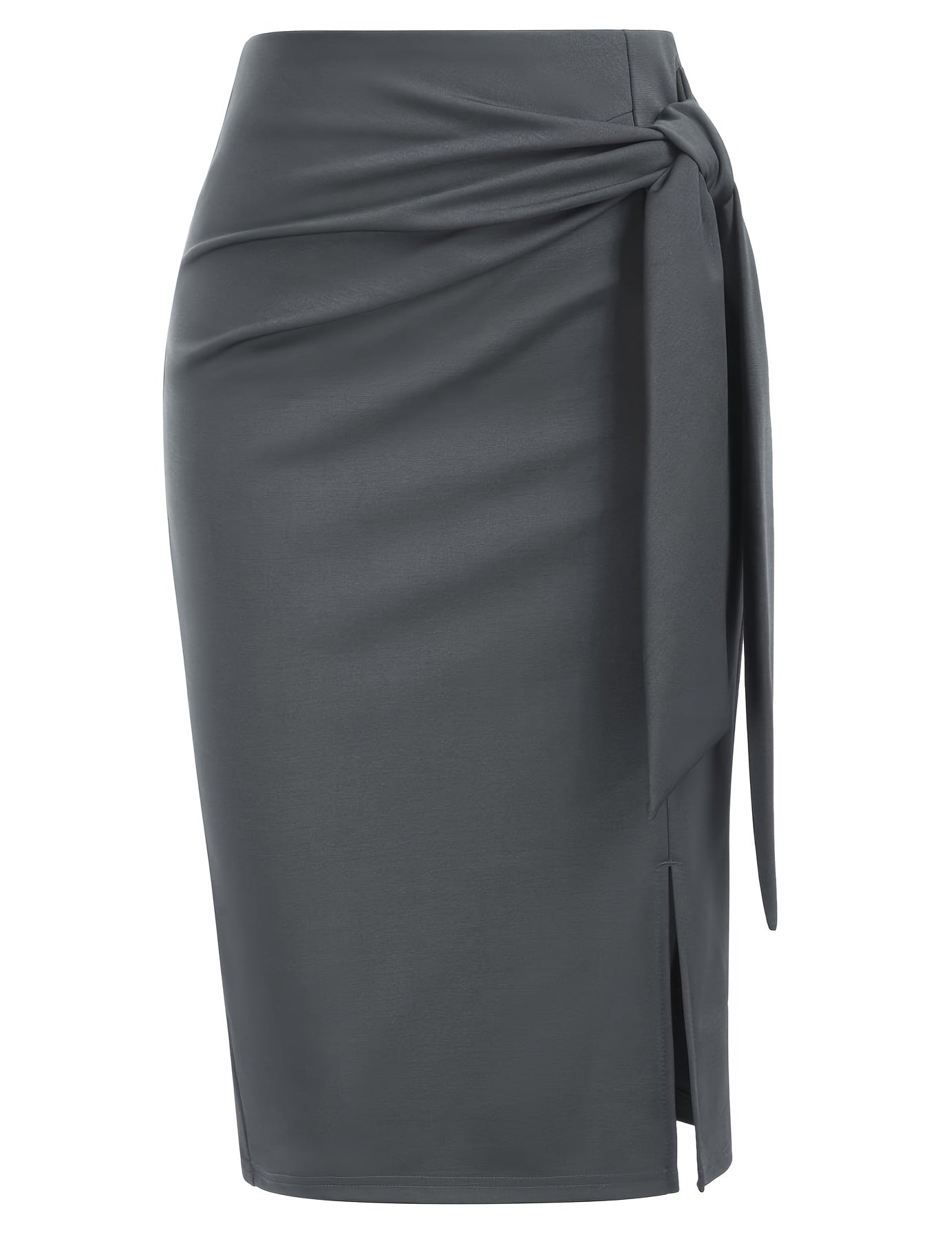 Chic high-waisted knee-length skirt with bow and slit for women.