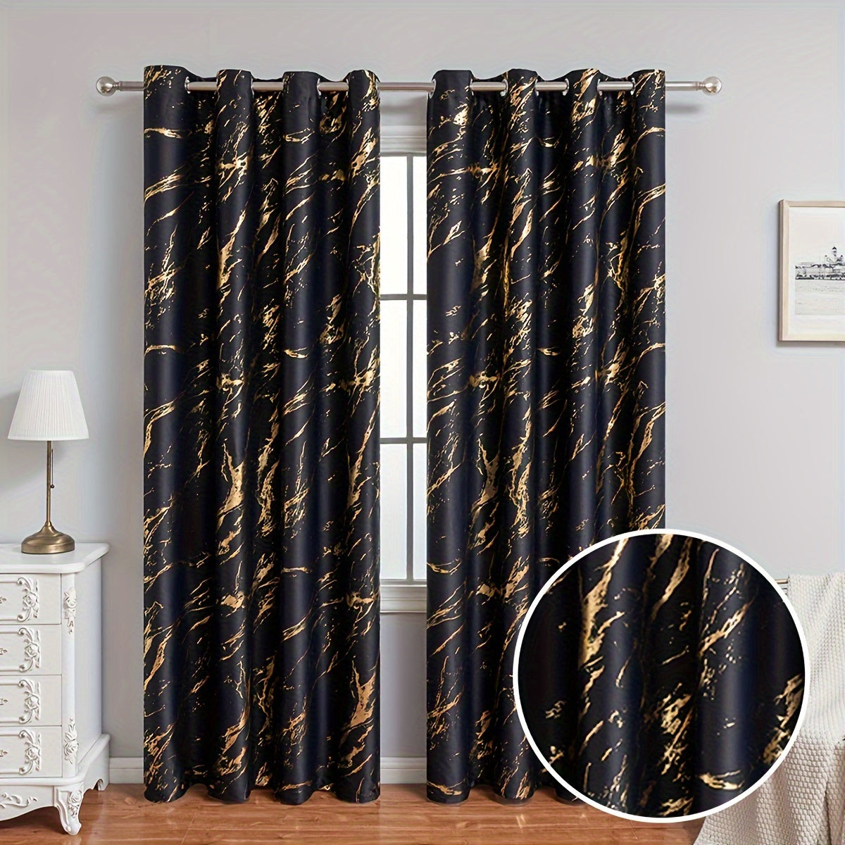 Two pieces of bronzed marble print curtains for bedroom and living room. These blackout and sunscreen curtains are great for home decor.