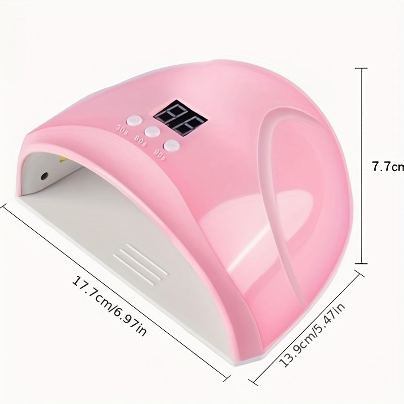 Powerful LED nail dryer uses USB power, cures nails quickly without turning black, made of hypoallergenic plastic, perfect for home manicures, no batteries needed.