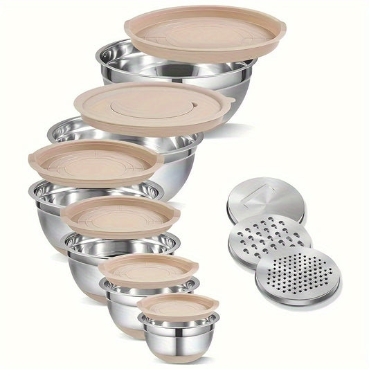 6-piece Stainless Steel Mixing Bowl Set with airtight lids, 3 grater attachments, non-slip base, and multipurpose kitchen essentials for mixing, serving, and baking.